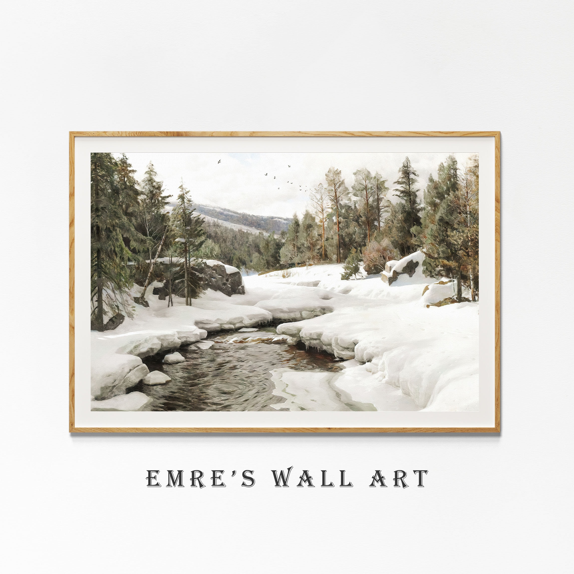 ヴィンテージ風の雪景色を描いた森の油絵：素朴な冬の風景画（デジタル