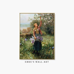 Woman with Flowers Oil Painting, Vintage Woman Portrait Painting, Nature Woman Painting, Victorian Lady Wall Decor, Spring Wall Art Print