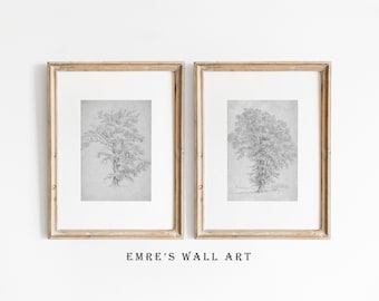 Vintage Tree Sketch Print Set: Rustic Landscape Drawings (Digital Download)