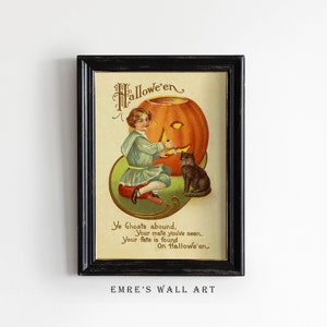 Halloween Kürbis Dekor, Halloween Poster, Halloween druckbare Kunst, Retro Halloween Dekor, Kürbis und Katze druckbare Kunst