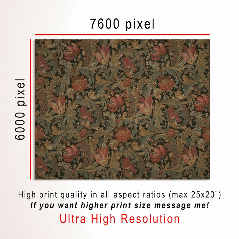 Antique rustic floral textile pattern featuring detailed vintage fabric textures and classic floral motifs. The design showcases flowing botanical elements in soft earthy tones, inspired by traditional cottage interiors and antique textiles. Aged fabric appearance and ornamental floral details create a timeless decorative look. Ideal as vintage textile wall decor with a warm rustic character, presented as a high-resolution digital print.
