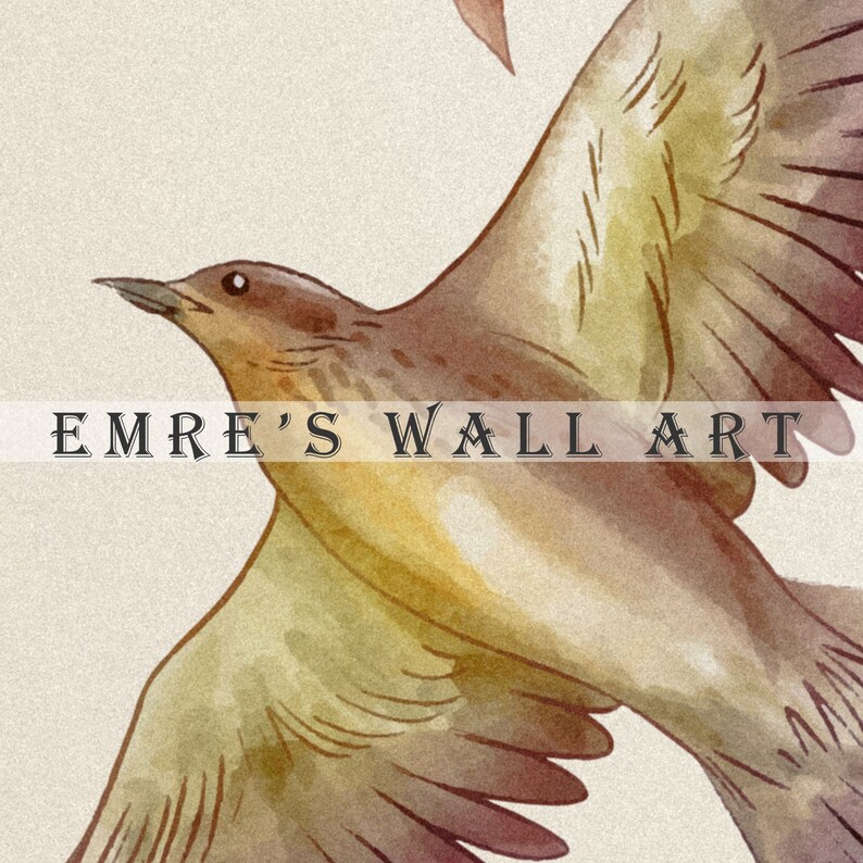 May include: A watercolor painting of a brown and yellow bird with its wings spread out in flight. The bird is flying against a light beige background. The text "EMRE'S WALL ART" is printed in black at the bottom of the image.