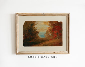 Pintura de paisaje otoñal vintage: Arte mural rústico de granja (Descarga digital)