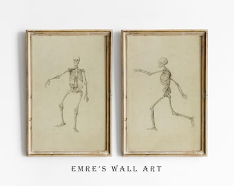 Vintage Skeleton Sketch Prints: Spooky Halloween Wall Art (Digital Download Set of 2)
