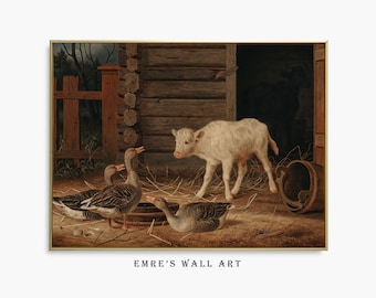 Vintage Goose and Calf Painting: Farmhouse Nursery Art (Digital Download)