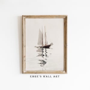 Vintage Sailboat Painting Print, Neutral Watercolor Wall Decor, Muted Nautical Gallery Wall Art, Antique Lake House DIGITAL ART PRINTABLE