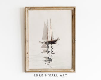 Pintura de acuarela de velero vintage: arte náutico neutro (impresión digital)