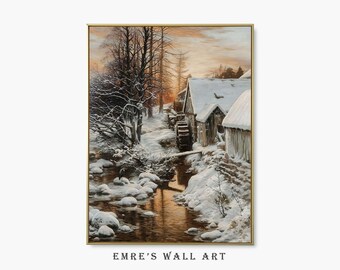 Dipinto di paesaggio invernale d'epoca: stampa di un mulino sul fiume innevato (download digitale)