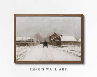 May include: A framed vintage print showing a snowy rural landscape. A horse-drawn carriage moves along a snow-covered road, passing buildings with snow-covered roofs. The artwork is in a wooden frame and features the text "EMRE'S WALL ART".