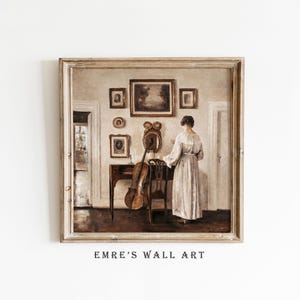 Vintage Woman Interior Scene Print, Neutral Aesthetic Painting Wall Art, Printable Classical Art Decor Digital Download