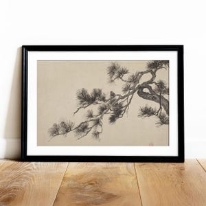 A vintage Japanese ink wash painting of a pine tree branch with detailed pine needles and a small pinecone against a textured beige paper background. The elegant black brushstrokes capture a minimalist, traditional East Asian artistic look. A small red artist seal is visible in the bottom right corner.
