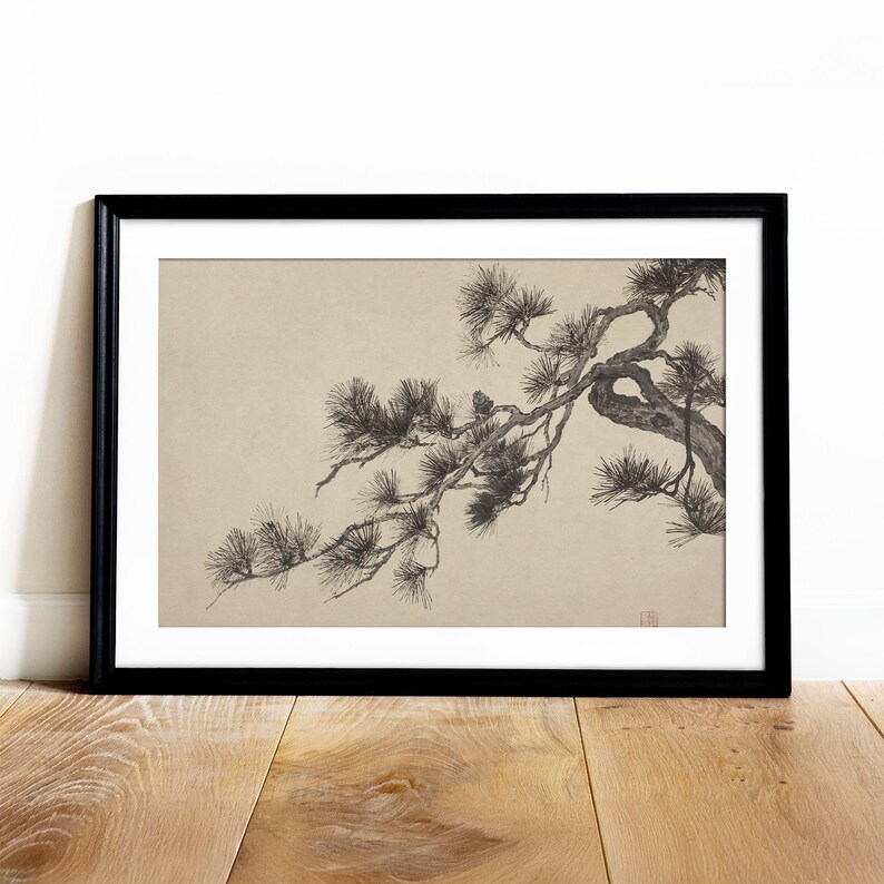 A vintage Japanese ink wash painting of a pine tree branch with detailed pine needles and a small pinecone against a textured beige paper background. The elegant black brushstrokes capture a minimalist, traditional East Asian artistic look. A small red artist seal is visible in the bottom right corner.