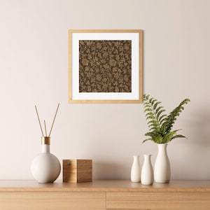 An antique-style botanical fabric art print featuring an intricate rustic textile pattern in warm brown tones. The design shows woven floral vines and leaves, arranged in an old-world tapestry style. The soft contrast between background and pattern gives a sense of depth and age. Ideal for vintage-inspired digital wall decor and home styling.