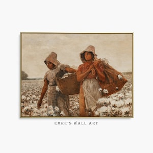 Vintage Cotton Field Painting: Women Harvesters Landscape Art (Digital Download)