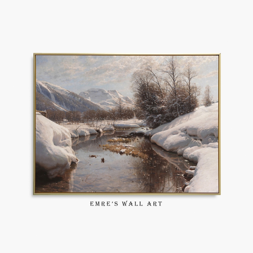 ヴィンテージ冬景色油絵：雪に覆われた湖畔の家のアート（デジタル