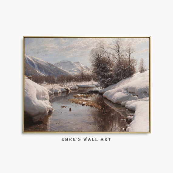 ヴィンテージ冬景色油絵：雪に覆われた湖畔の家のアート（デジタル