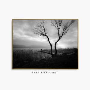Black and White Lake Landscape Photo: Rustic Wall Art (Digital Download)