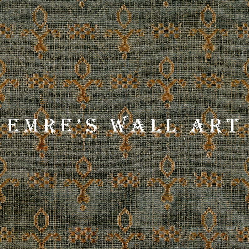 Vintage green woven textile fragment with repeating gold ornamental motifs, high-resolution fabric pattern print for wall decor, antique tapestry style.
