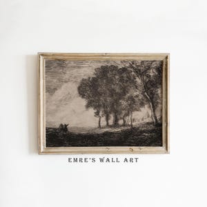 Rustic Landscape Drawing Print, Vintage Country Sketch Wall Art, Neutral Farmhouse Tree Drawing, Nature Sketch Art DIGITAL DOWNLOAD