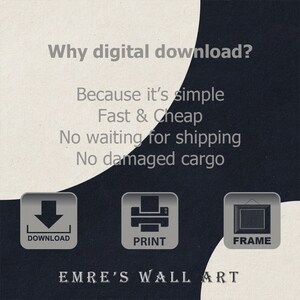 May include: A graphic with the text "Why digital download?" and the text "Because it's simple Fast & Cheap No waiting for shipping No damaged cargo". The graphic also includes three icons: a download arrow, a printer, and a picture frame.