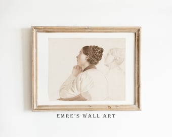 Vintage Woman Portrait Drawing: Antique Sketch Art Print (Digital Download)