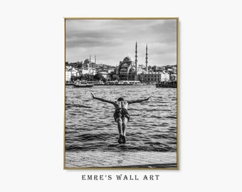 Jump into the Sea, Swimmer Photo Print, Black and White Photo, Downloadable Poster Wall Art, Monochrome Photography Print