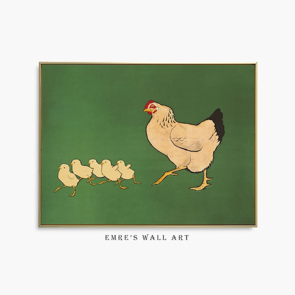 Chicken and Chicks Painting Print, Vintage Farm Animal Kidsroom Decor, Funny Nursery Wall Art, PRINTABLE Country Farmhouse Art