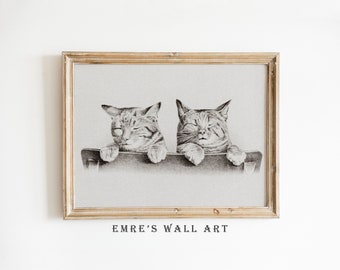 Vintage Cat Sketch Art Print: Neutral Farmhouse Decor (Digital Download)