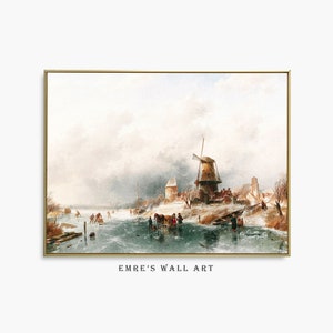 Winter Landscape Oil Painting Print: Vintage Windmill, Frozen Lake (Digital Download)