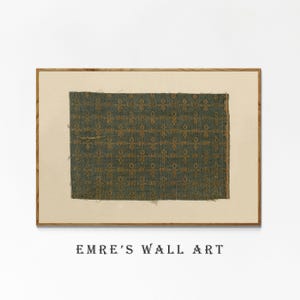 Antique green fabric pattern print featuring small gold woven motifs on a muted teal background, vintage textile wall art digital download with soft tapestry texture and worn edges.
