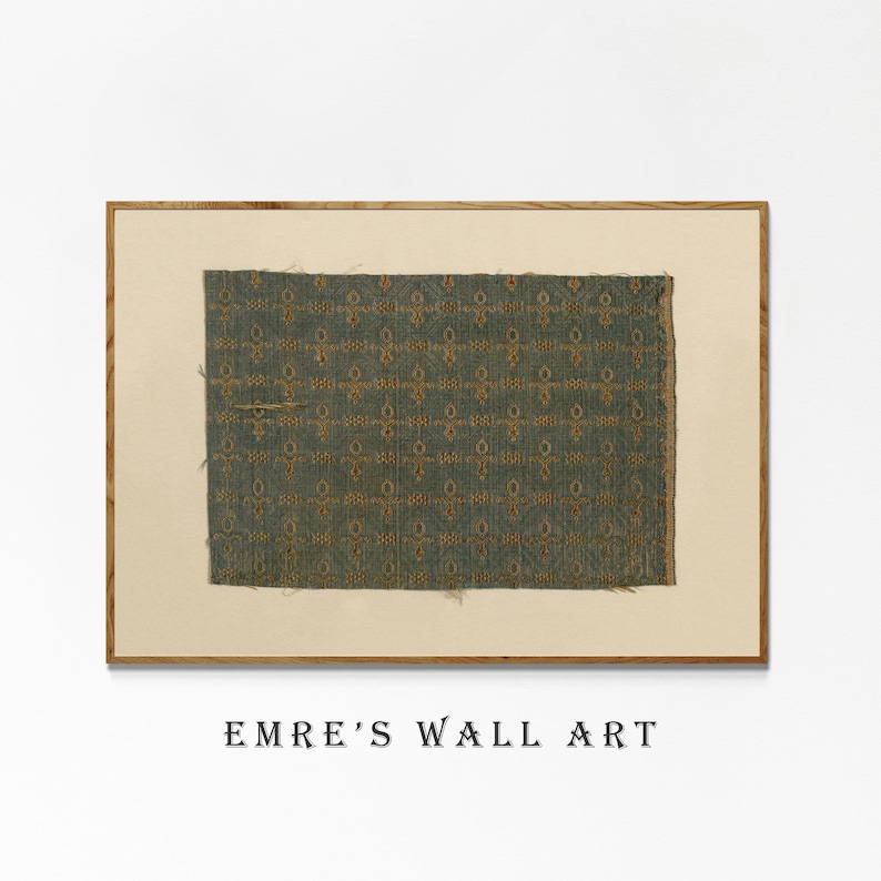 Antique green fabric pattern print featuring small gold woven motifs on a muted teal background, vintage textile wall art digital download with soft tapestry texture and worn edges.