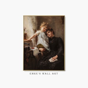 Mother and Child Painting, Vintage Mothers Day Wall Decor, Vintage Moody Portrait Print, Digital Downloadable Art Print