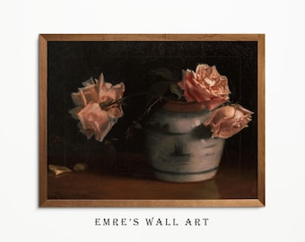 Vintage Roses Oil Painting Print: Still Life Floral Wall Art (Digital Download)