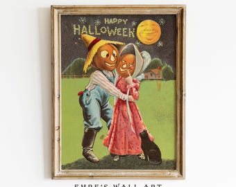 May include: Vintage Halloween art print featuring a couple with pumpkin heads, embracing on a green field under a starry night sky. The words "HAPPY HALLOWEEN" are displayed above them. A black cat sits nearby. The print is framed in a gold-colored wooden frame.