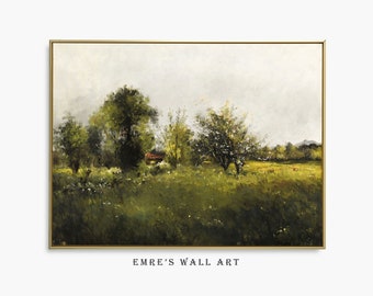 Vintage Farmhouse Landscape Oil Painting: Rustic Country Print (Digital Download)