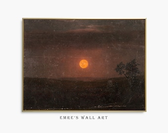 Vintage Moon Landscape Print: Rustic Moonlight Oil Painting (Digital Download)