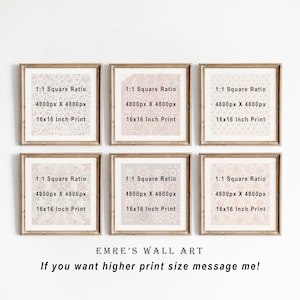 May include: Six framed wall art prints with various floral patterns. Each print is 16x16 inches and features a 1:1 square ratio. The prints are displayed on a white background. Text on the prints includes "1:1 Square Ratio", "4800px X 4800px", and "16x16 Inch Print".