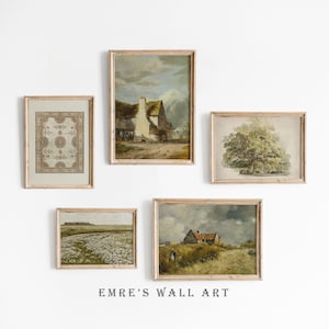 Vintage Farmhouse Landscape Print Set: Rustic Green Wall Art (Digital Download)