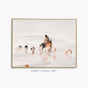 May include: A watercolor painting of a person riding a sled pulled by a team of dogs. The painting is done in shades of brown, white, and gray, and the background is a light blue.