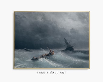 Vintage Ship Storm Oil Painting: Moody Nautical Seascape Art (Digital Download)