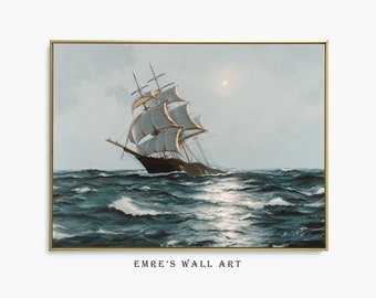 Vintage Sailboat Seascape Painting: Antique Coastal Art (Digital Printable)