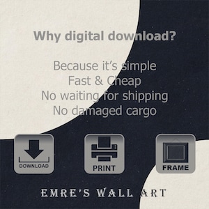 May include: A digital art print advertisement with text that reads "Why digital download?" followed by reasons like "Fast & Cheap." Icons for download, print, and frame are included. The artist's name, "EMRE'S WALL ART," is at the bottom.