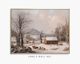 Vintage Winter Landschaft Gemälde: Rustikale verschneite Landschaft auf dem Bauernhof Kunstdruck (Digitaler Download)