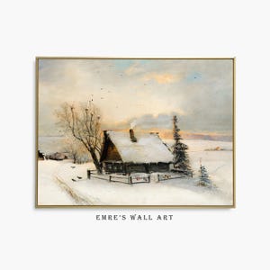 Cottagecore Winter Cabin Print: Vintage Snowy Landscape Art (Digital Download)