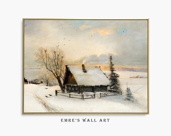 Cottagecore Winter Cabochon Druck: Vintage Schneelandschaft Kunst (Digitaler Download)