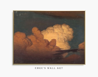 Vintage Cloud Oil Painting: Moody Farmhouse Landscape Art (Digital Download)