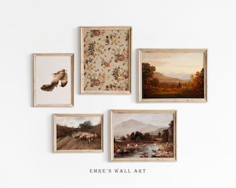 Vintage Rustic Autumn Gallery Wall Set of 5, Warm Fall Tones Art Prints, Moody Fall Landscape Wall Decor, Vintage Farmhouse Country Decor