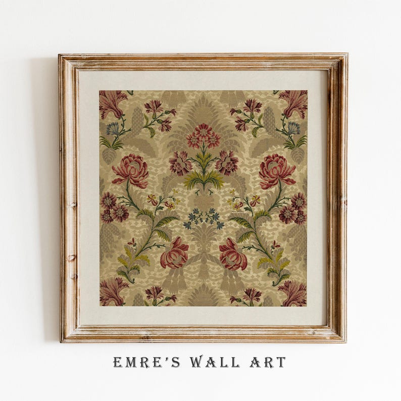 May include: A framed floral print featuring a repeating pattern of red, pink, and green flowers on a beige background. The print is in a wooden frame with the text "EMRE'S WALL ART" at the bottom.