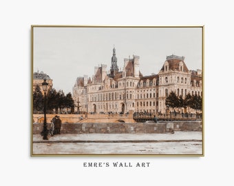 Vintage Paris Street Architecture Scene, Frence Cityscape Wall Decor, Antique Paris Street Painting, Neutral Architecture Wall Art Prints
