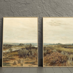 May include: Two framed landscape paintings with a muted color palette depicting a river winding through a field of tall grasses and trees under a cloudy sky.
